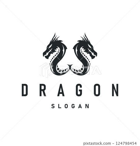 mystical animal legend design with simple dragon logo silhouette and vintage retro ancient illustration templet design 124798454