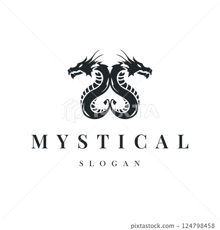 mystical animal legend design with simple dragon logo silhouette and vintage retro ancient illustration templet design 124798458
