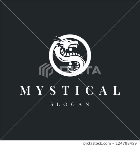 mystical animal legend design with simple dragon logo silhouette and vintage retro ancient illustration templet design 124798459