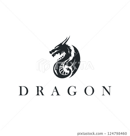 mystical animal legend design with simple dragon logo silhouette and vintage retro ancient illustration templet design 124798460