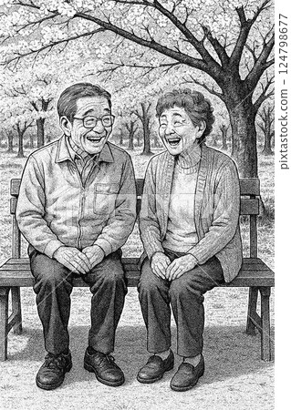一對老年夫妻並肩坐在盛開的櫻花樹下的長椅上，有說有笑 124798677