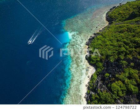 Boat over the blue sea. Tropical Island in El Nido, Palawan. Philippines. Boat over the blue sea. Tropical Island in El Nido, Palawan. Philippines. 124798722