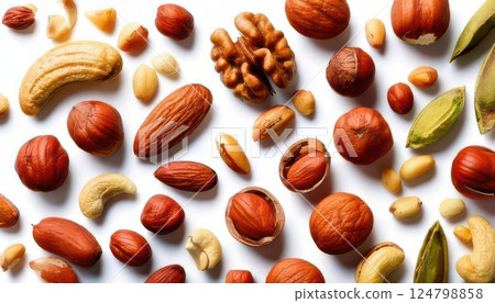 AI image: Mixed nuts lined up on a white background AI image: Mixed nuts lined up on a white background 124798858