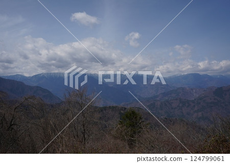 身延山久遠寺盛開的垂枝櫻花和從纜車山頂看到的景色 124799061