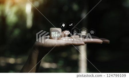 Net zero emission Idea innovation. Environmental, net zero icon on hand. social,Governance. weather awareness global climate changes. energy and environmental protection around it. 124799109