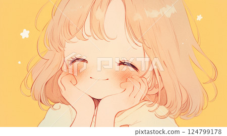雙手放在臉頰上的可愛微笑女孩 124799178