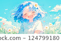 一個女孩在花前開心地微笑 124799180