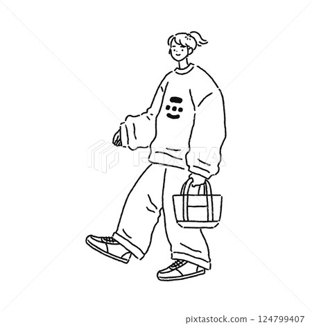 Woman in oversized outfit - Line drawing Woman in oversized outfit - Line drawing 124799407