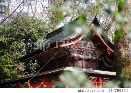 A shrine seen through the trees 124799534