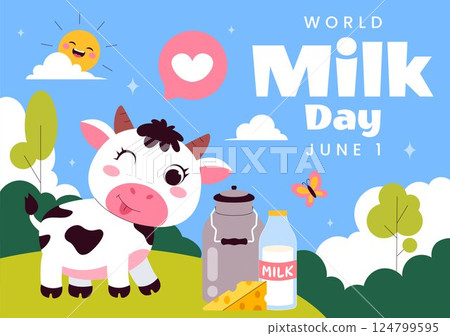 World Milk Day Vector Illustration with Milk Bottle and Cute Cow Celebrating Dairy on June 1 in flat Style Cartoon Background 124799595