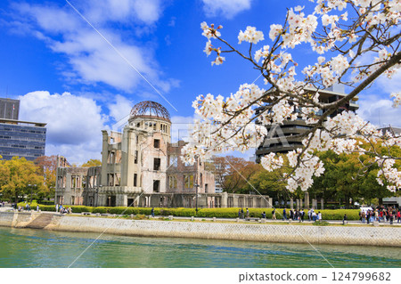 Cherry blossoms in full bloom at the Atomic Bomb Dome in Hiroshima Peace Memorial Park 124799682