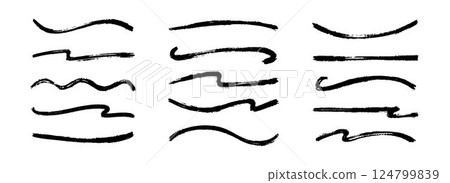 Curved and wavy sketch brush stroke collection. Squiggle paint line set. Rough charcoal flourish pack for highlight, underline, emphasis. Hand drawn crayon strips. Vector black swoosh stripe bundle 124799839