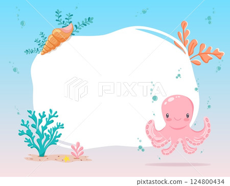 Vector frame with octopus and underwater elements, isolated on white 124800434