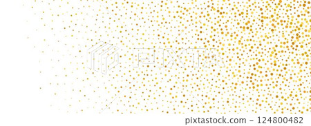 Bright gold confetti background. Golden dotted glitter pattern. Yellow dot sparkles and particles wallpaper. Celebration Christmas, New Year or birthday party decoration backdrop. Vector 124800482