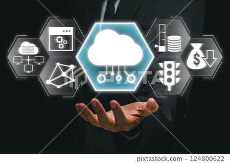 Visual representation of edge computing with cloud and data icons, showcasing modern technology and innovation. 124800622