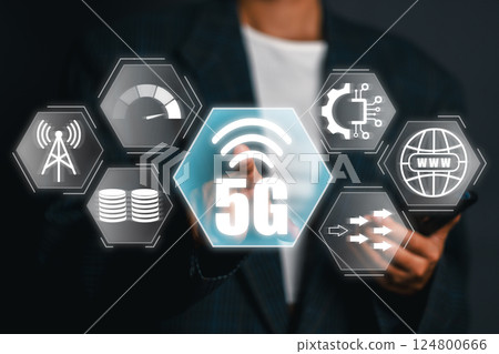 Visual representation of 5G technology with digital icons symbolizing connectivity, speed, and modern communication advancements. 124800666