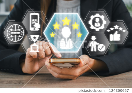 Businesswoman using smartphone with digital icons representing online reputation management, brand monitoring, and digital marketing. 124800667