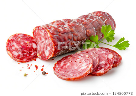 Salami sausage with cutting isolated on white background. Salami sausage with cutting isolated on white background. 124800778