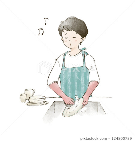 戴著耳機洗碗的主婦 124800789