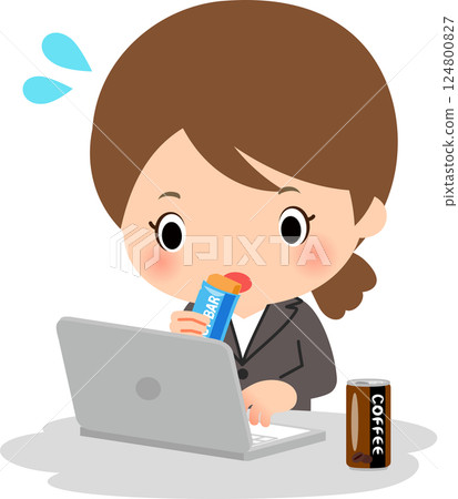 Woman eating an energy bar while working on a computer 124800827