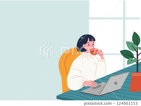 A woman working at a desk at home drinking coffee A woman working at a desk at home drinking coffee 124801153