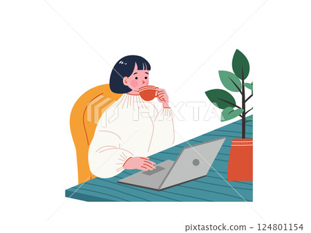 一位女士在家中的辦公桌前工作,喝著咖啡 一位女士在家中的辦公桌前工作,喝著咖啡 124801154