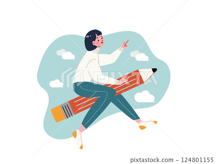 A woman takes off on a pencil A woman takes off on a pencil 124801155