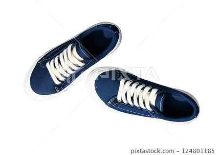 Stylish blue sneakers with white laces suitable for various occasions, isolated on white Stylish blue sneakers with white laces suitable for various occasions, isolated on white 124801185