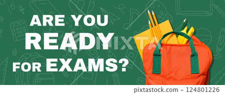 Are you ready for exam, Bright green background showcases school supplies and a bold message encouraging readiness for exams at school and university Are you ready for exam, Bright green background showcases school supplies and a bold message encouraging readiness for exams at school and university 124801226