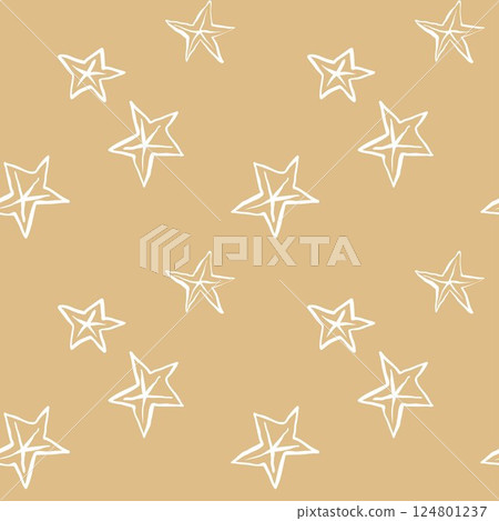 Seamless pattern with hand-drawn starfish on a sandy beige background. Nautical marine repeat design in minimalist line art style.  124801237