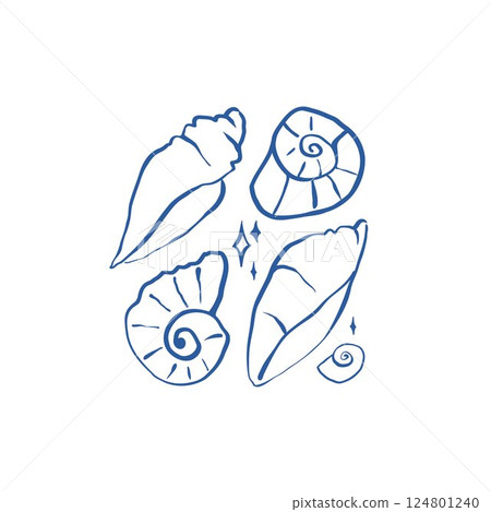 Hand drawn sea shells and stars poster template in doodle sketchy style. Line art sea shell vector composition Hand drawn sea shells and stars poster template in doodle sketchy style. Line art sea shell vector composition 124801240