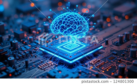 Futuristic AI Microchip with Glowing Holographic Brain on High Tech Circuit Board | Cyberpunk Digital Technology Background. 124801300