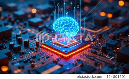 Futuristic AI Microchip with Glowing Holographic Brain on High Tech Circuit Board | Cyberpunk Digital Technology Background. Futuristic AI Microchip with Glowing Holographic Brain on High Tech Circuit Board | Cyberpunk Digital Technology Background. 124801301
