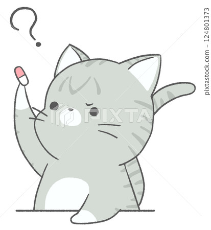 A brown tabby cat frowning as he stares at medicine 124801373