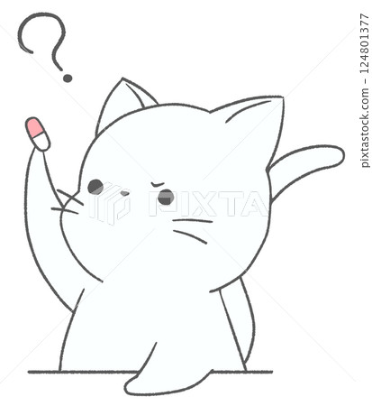 A white cat frowning as it stares at medicine A white cat frowning as it stares at medicine 124801377