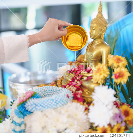 Happy Songkran festival day in Thailand or Thai Happy New Year. hand pouring water on golden Buddha statue with flowers and garland in. Holiday and culture concept Happy Songkran festival day in 124801774