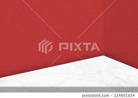 Minimal Marble Table with Red Wall at the Corner Background 124801854