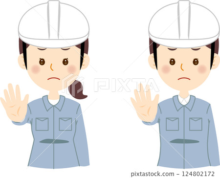一名身穿藍色工作服的男子和一名女子指著自己的手 124802172