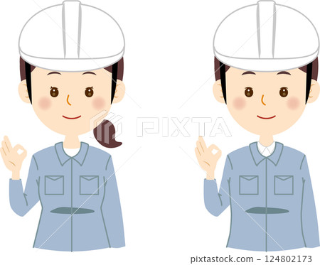 穿著藍色工作服的男女錶示“OK” 124802173