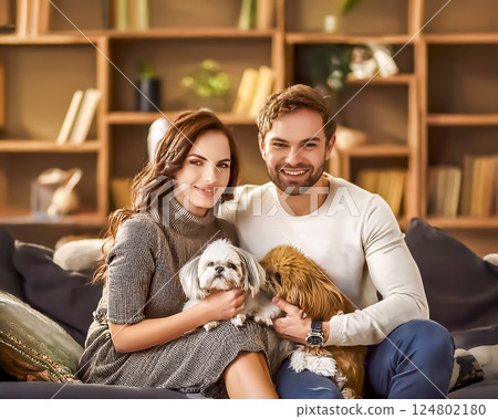 一對年輕夫婦和他們的寵物在客廳休息的圖片 124802180