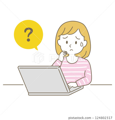 Business scene of women in their 20s to 40s working from home, simple and cute line style (casual clothes, question mark) 124802317