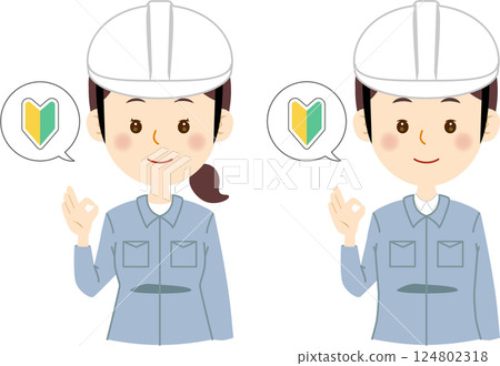 一名身穿工作服的男子和一名戴著頭盔的女子,並舉著初學者標記表示“OK” 一名身穿工作服的男子和一名戴著頭盔的女子,並舉著初學者標記表示“OK” 124802318