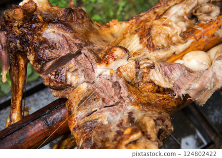 Lamb on skewer grilled using hot charcoal - detail. Lamb on skewer grilled using hot charcoal - detail. 124802422