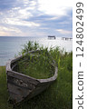 Lonely boat on the shore overgrown with reeds against a dramatic sky - selective focus, copy space 124802499