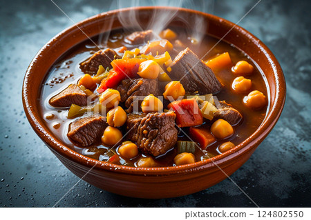 Traditional hot Spanish Cocido Stew in clay bowl on dark concrete background. 124802550