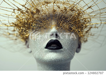A striking mannequin features a delicate golden headpiece and bold black lips, showcasing a fusion of art and fashion in a contemporary exhibition space. A striking mannequin features a delicate golden headpiece and bold black lips, showcasing a fusion of art and fashion in a contemporary exhibition space. 124802787