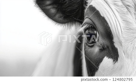A detailed view captures the eye of a cow, showcasing its intricate patterns and gentle expression in a monochromatic tone. The composition emphasizes the animal's unique characteristics. 124802795