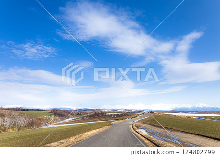 A majestic road scene in Biei, Hokkaido in spring under a clear blue sky A majestic road scene in Biei, Hokkaido in spring under a clear blue sky 124802799