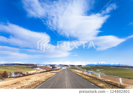 春天，藍天白雲下的北海道美瑛，道路風景壯麗 124802801