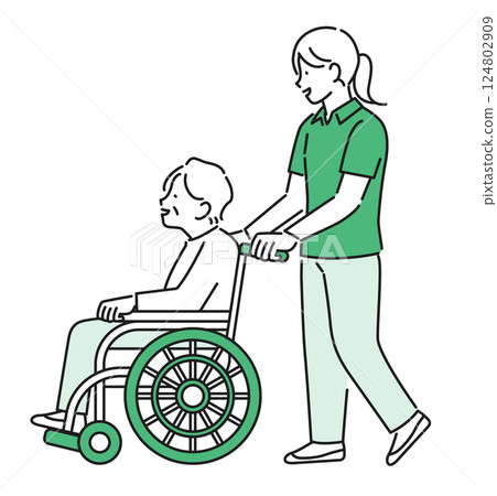 Illustration material [Nursing care image]: A young caregiver pushing a wheelchair and an elderly person 124802909